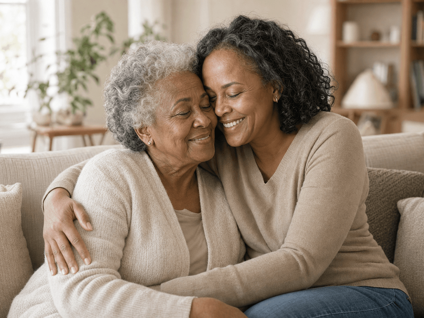 A daughter embracing her mother at home